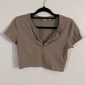 Waffle Tan Button-Up Crop Top